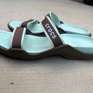 CROCS Mint and Brown Slide Sandals